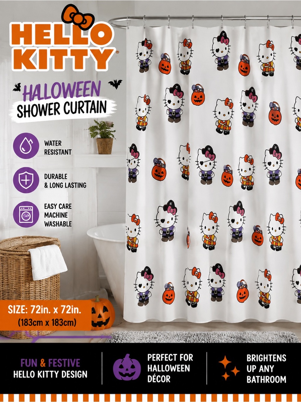 Hello Kitty Halloween Shower Curtain - White with Orange, Black & Purple Accents